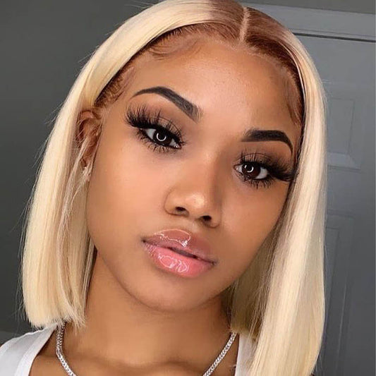 Blonde Short Bob Transparent Lace Honey Blonde Dark Roots