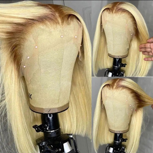 Blonde Short Bob Transparent Lace Honey Blonde Dark Roots